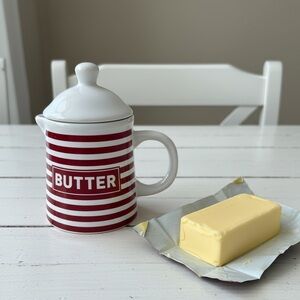 California Pantry Red White Striped Lidded Butter Pitcher Warmer Farmhouse